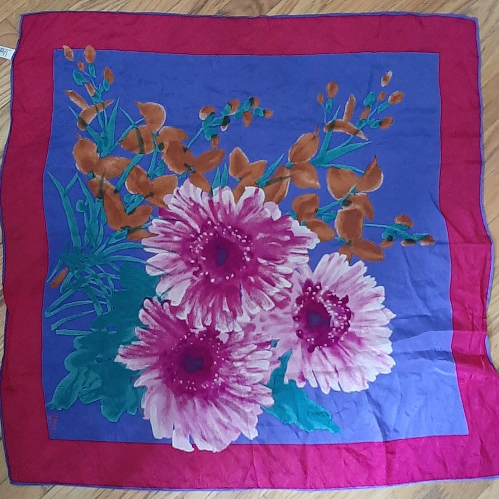 Floral Silk Scarf with Pink and Blue